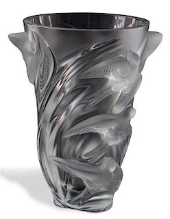 A Lalique Molded and Frosted Glass Vase Height 9 3/4 inches.