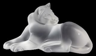 A Lalique Molded and Frosted Glass Figure of a Lioness Length 9 3/8 inches.