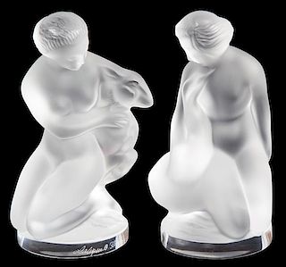 Two Lalique Molded and Frosted Glass Kneeling Nude Figures Height 4 1/2 inches.