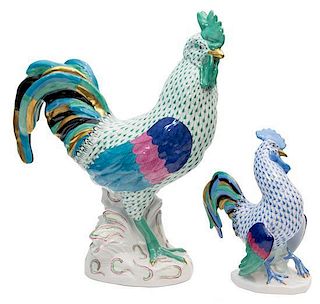 Two Herend Porcelain Fishnet Roosters Height of first 15 3/4 inches.