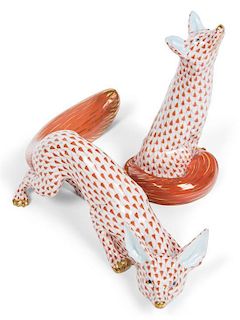 Two Herend Porcelain Foxes Larger, length 11 1/2 inches.