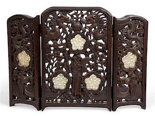 A Chinese Carved Teak Three Panel Table Screen Height 12 x width 16 inches.
