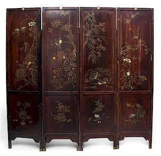 A Chinese Lacquer Four Panel Floor Screen Each panel: 72 x 18 inches.