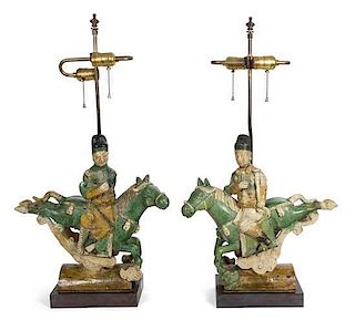 A Pair of Chinese Green and Yellow Glazed Roof Tiles Height 30 inches.