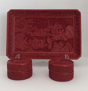 A Pair of Chinese Carved Cinnabar Lacquer Boxes and Covers Height 2 3/4 inches.