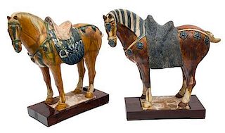 Two Chinese Tang Style Pottery Horses Height 13 3/4 x length 15 1/4 inches.