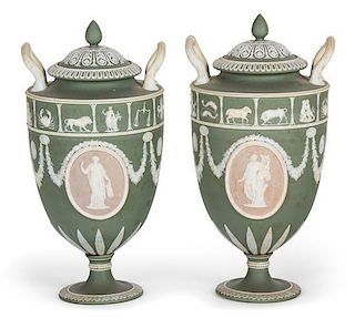 A Pair of Wedgwood Tri-Color Covered Urns Height 9 inches.