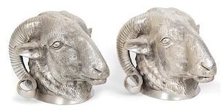 A Pair of Silvered Metal Ram's Head Wall Mounts Height 7 inches.