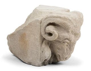 A Carved Stone Ram's Head Fragment Height 6 3/4 x width 6 x depth 11 1/2 inches.