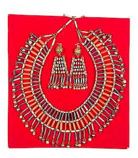 An Egyptian Beaded Necklace and Matching Earrings