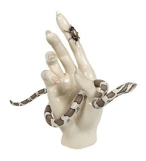 An Elizabeth Stewart Ceramic Hand with Snake Height 12 inches.