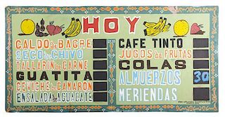 An Ecuadoran Painted Restaurant Sign 24 x 48 1/4 inches.