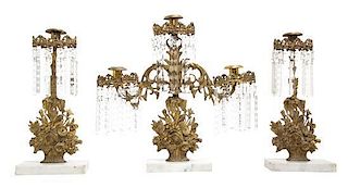 A Three-Piece Gilt Metal and Crystal Garniture Height 16 1/2 inches.