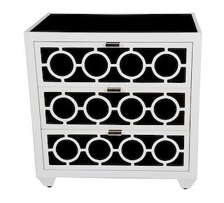 A Pair of White Lacquered and Mirrored Chests of Drawers Height 30 x width 30 x depth 20 inches.