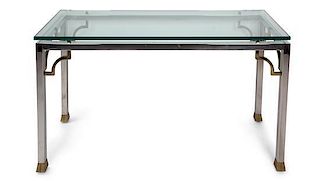 A Chrome and Brass Glass-Top Console Table Height 30 1/2 x width 55 x depth 18 inches.