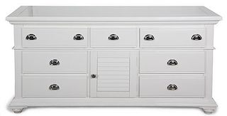 A White Lacquered Dresser by Broyhill Height 35 x width 70 x depth 19 inches.