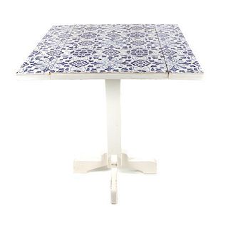 A White Painted Tile Top Drop Leaf Table Height 35 1/2 x width 32 x depth 30 inches (closed).