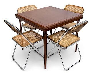 A Wooden-Top Folding Table With Four Cane-Back Folding Chairs Height 29 x width 32 x depth 32 inches.