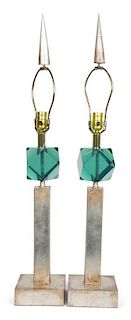 A Pair of Silvered Metal and Green Acrylic Lamps Height 35 inches