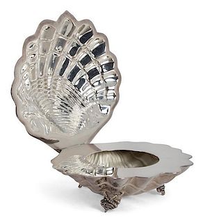 A Silver-Plate Clam-Form Serving Dish Height 4 1/4 x width 9 1/2 inches.