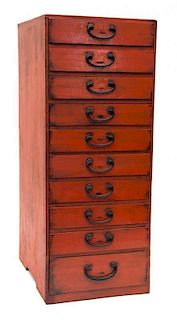 A Chinese Red Lacquer Collector's Cabinet Height 26 x width 10 1/2 x depth 14 inches.