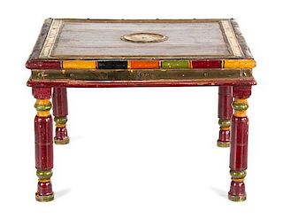 An Indian Painted and Brass Mounted Low Table Height 10 x 15 inches square.
