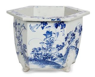 A Japanese Blue and White Decorated Jardiniere Height 10 1/2 inches.