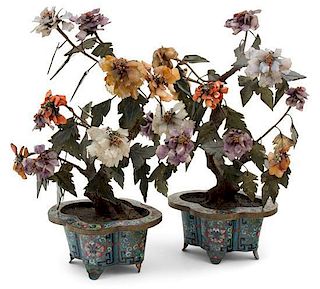 A Pair of Chinese Hardstone and Cloisonne Jardineres Height 18 inches.