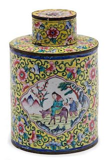 A Chinese Enameled Metal Tea Caddy Height 5 x diameter 3 3/8 inches.