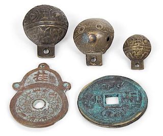 Five Chinese Bronze Toggles Length of longest 2 3/4 inches.