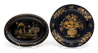 Two Chinoiserie Decorated Tole Plates Diameter of round 8 inches.