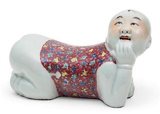 A Chinese Polychrome-Decorated Pillow Height 7 inches.