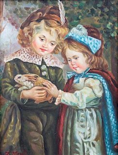 J. Morris, (20th century), A Victorian Boy and Girl Holding a Rabbit