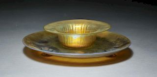 Two piece Steuben gold Aurene footed center dish & plateau