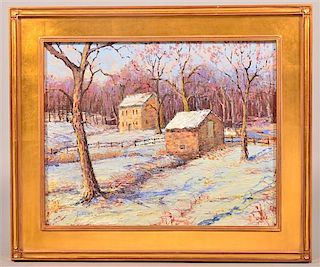 Jim Lukens Winter Farm Scene Oil on Canvas Painting.