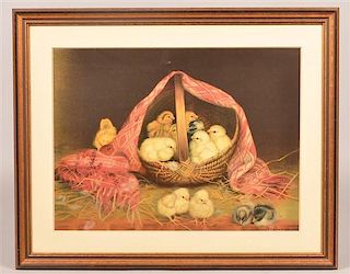 Ben Austrian 1900 Color Print of Chicks in a Basket.