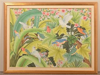 Polychrome Painting on Canvas of Various Birds.
