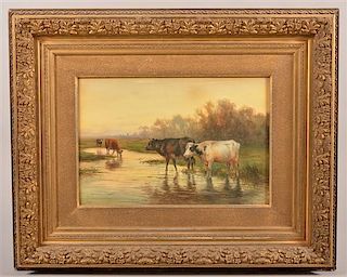 L. Candelle Watercolor Depicting Cows in a Stream.