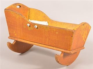 Antique Softwood Doll Cradle with Old Yellow Paint.