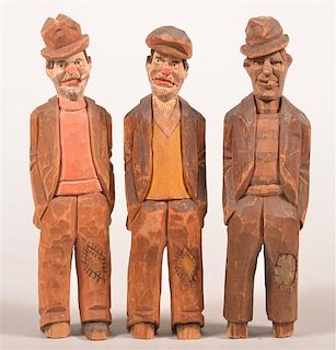 3 Folk Art Hobo Figures Attributed to the Jailhouse Carvers.