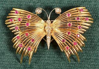 18K Gold Butterfly Pin Set with Diamonds and Rubies.