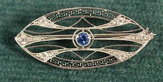 Art Deco 14K White Gold Diamond and Sapphire Pin.