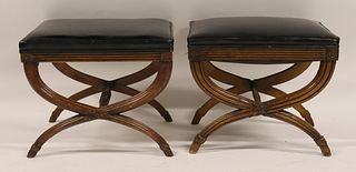A Vintage Pair Of Upholstered Wood Benches.