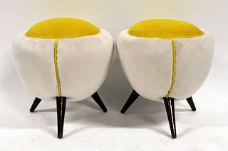A Pair Of Pouf Form 3 Legged Upholstered Stools.
