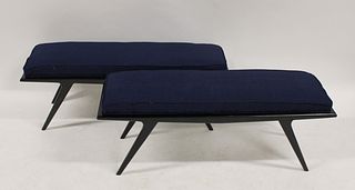 A Pair Of Ebonised Wood Upholstered Benches.