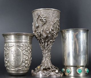 JUDAICA. (3) Exceptional Sterling Kiddush Cups.