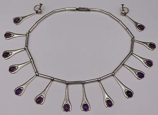 JEWELRY. 3 Pc. Signed Mexican Silver and Amethyst