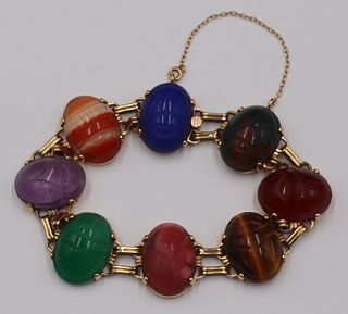 JEWELRY. 14kt Gold and Carved Scarab Bracelet.