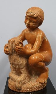 Unsigned Marble Sculpture Of Boy & His Dog