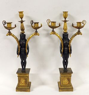 A Fine Pair Of Gilt & Patinated Bronze Egyptian
